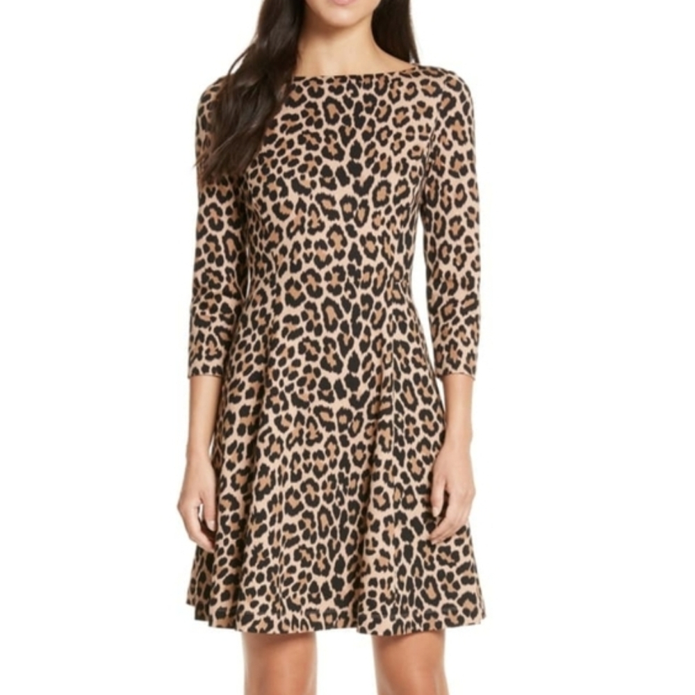 kate spade Leopard Print Long-Sleeve Fit & Flare Dress - Tan/Black